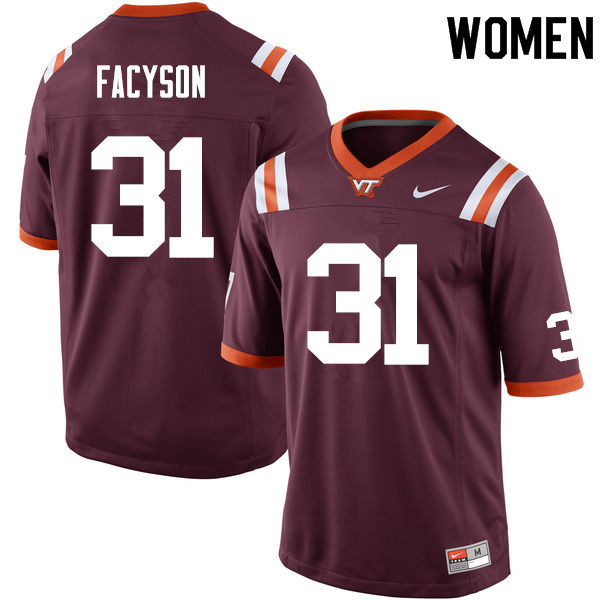 Women #31 Brandon Facyson Virginia Tech Hokies College Football Jerseys Sale-Maroon - Click Image to Close